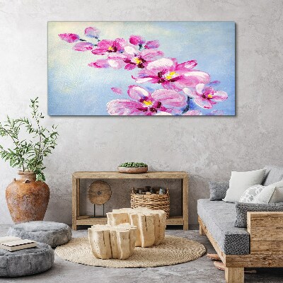 Pink orchids on a blue background Canvas wall art