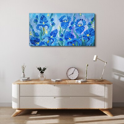 Blue irises against the blue background Canvas wall art