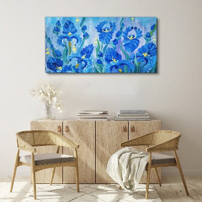 Blue irises against the blue background Canvas wall art