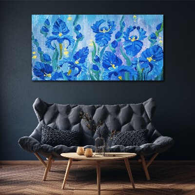 Blue irises against the blue background Canvas wall art