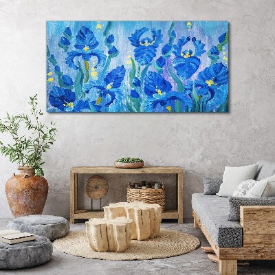 Blue irises against the blue background Canvas wall art