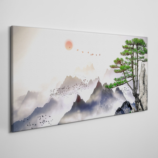 Mountains and birds in the morning light Canvas wall art