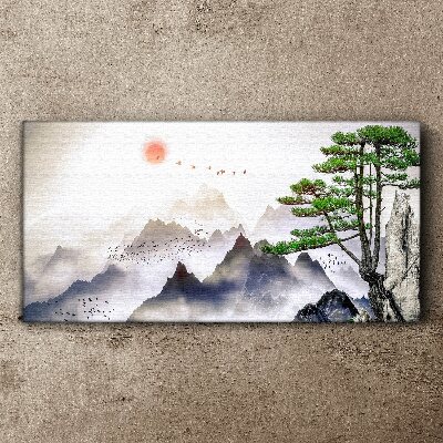 Mountains and birds in the morning light Canvas wall art