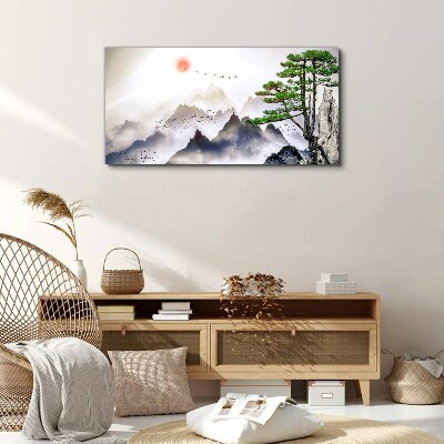 Mountains and birds in the morning light Canvas wall art