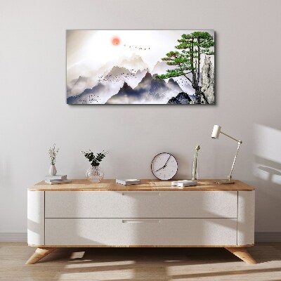Mountains and birds in the morning light Canvas wall art