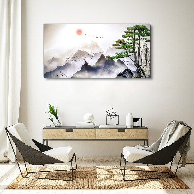 Mountains and birds in the morning light Canvas wall art