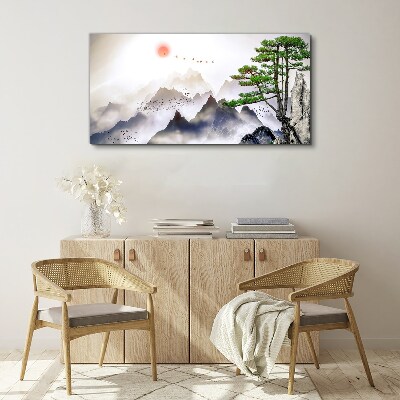 Mountains and birds in the morning light Canvas wall art