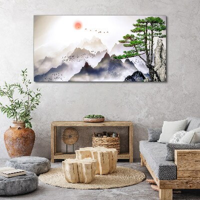 Mountains and birds in the morning light Canvas wall art