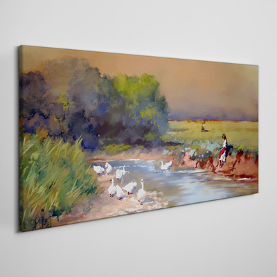 A peaceful landscape with ducks by the river Print on canvas