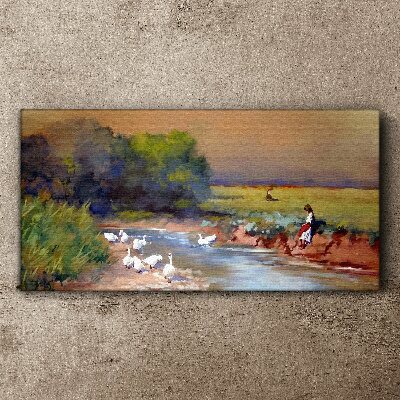 A peaceful landscape with ducks by the river Print on canvas