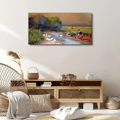 A peaceful landscape with ducks by the river Print on canvas