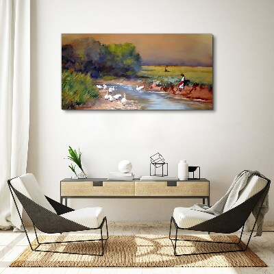 A peaceful landscape with ducks by the river Print on canvas