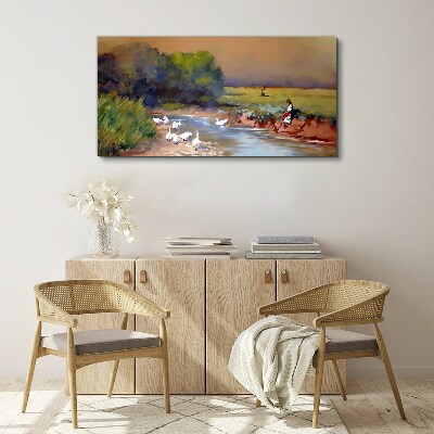 A peaceful landscape with ducks by the river Print on canvas