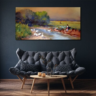 A peaceful landscape with ducks by the river Print on canvas