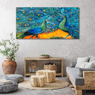 Dancing peacocks in a colorful display Print on canvas