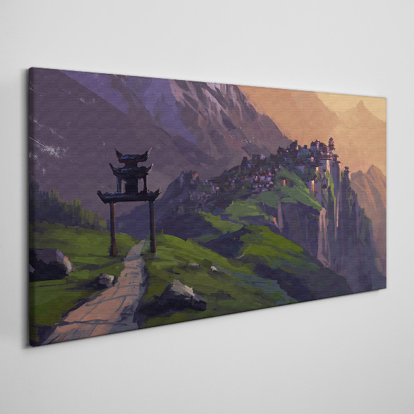 Misty mountain landscape with a pagoda Canvas wall art