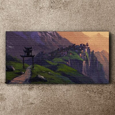Misty mountain landscape with a pagoda Canvas wall art