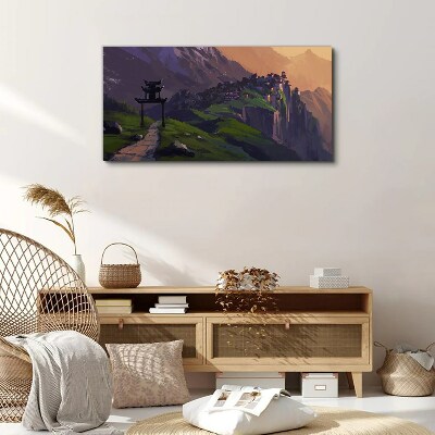 Misty mountain landscape with a pagoda Canvas wall art