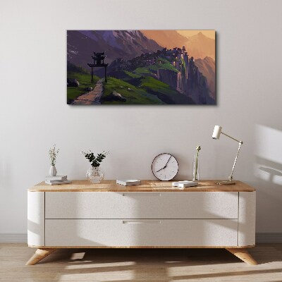 Misty mountain landscape with a pagoda Canvas wall art