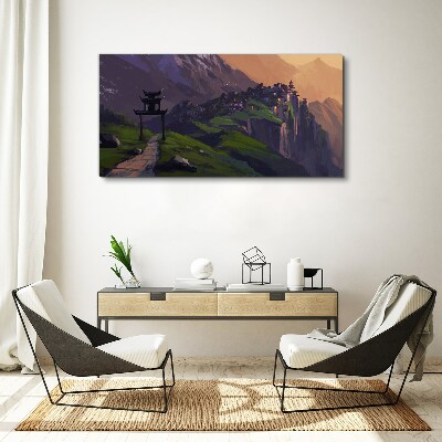 Misty mountain landscape with a pagoda Canvas wall art