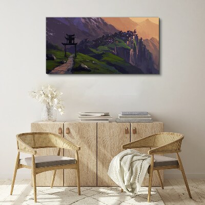 Misty mountain landscape with a pagoda Canvas wall art
