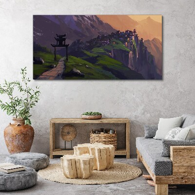 Misty mountain landscape with a pagoda Canvas wall art