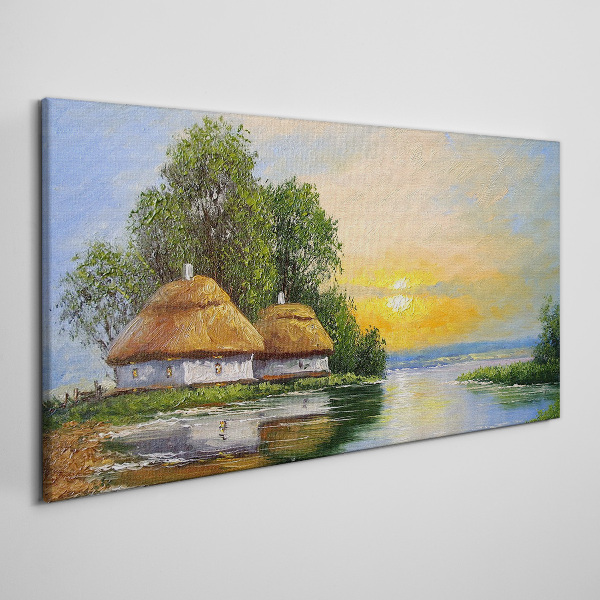 A peaceful sunset over the village Canvas wall art