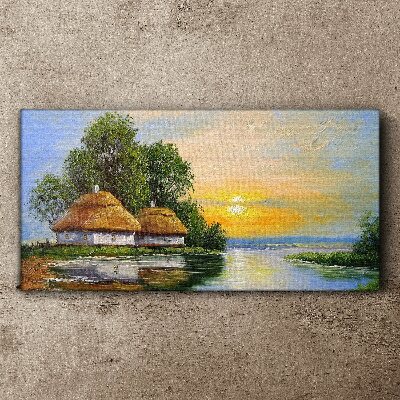 A peaceful sunset over the village Canvas wall art