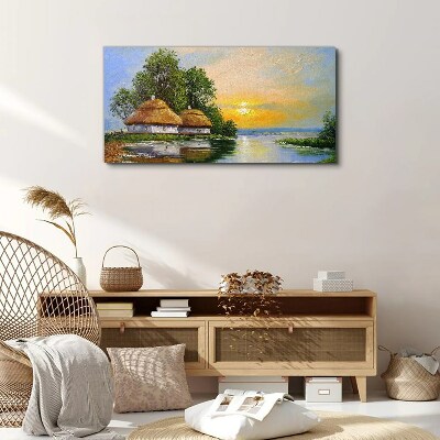 A peaceful sunset over the village Canvas wall art