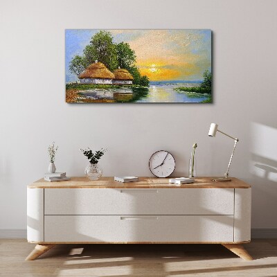 A peaceful sunset over the village Canvas wall art