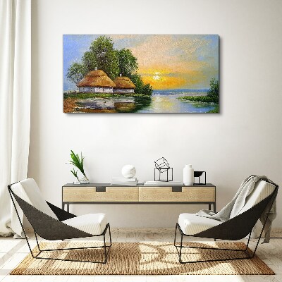 A peaceful sunset over the village Canvas wall art