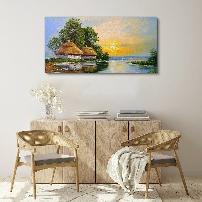 A peaceful sunset over the village Canvas wall art