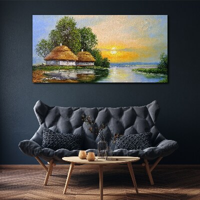 A peaceful sunset over the village Canvas wall art