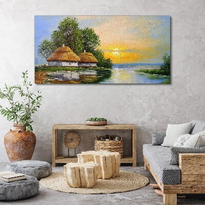 A peaceful sunset over the village Canvas wall art