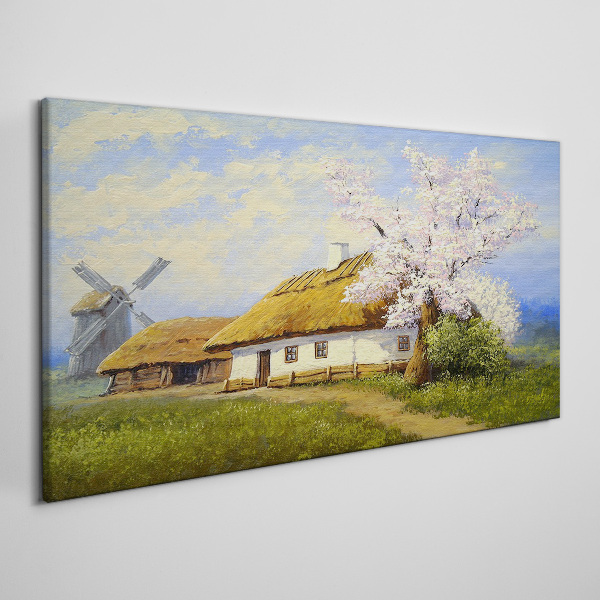 Rural landscape with a windmill and flowers Print on canvas