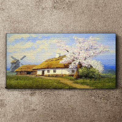 Rural landscape with a windmill and flowers Print on canvas