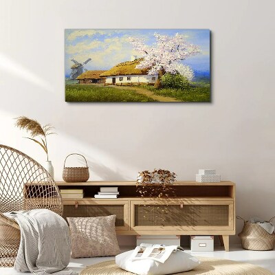 Rural landscape with a windmill and flowers Print on canvas