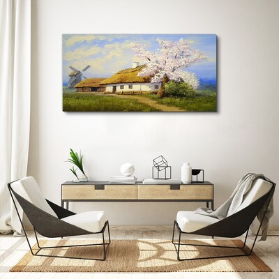Rural landscape with a windmill and flowers Print on canvas