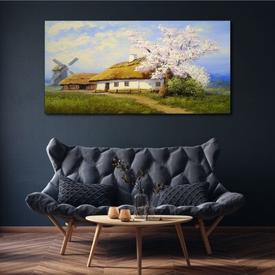 Rural landscape with a windmill and flowers Print on canvas