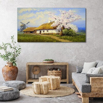 Rural landscape with a windmill and flowers Print on canvas