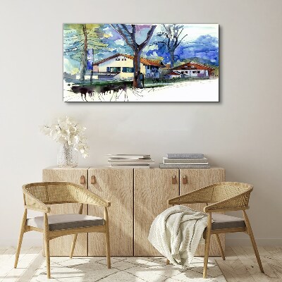 Rural landscape in watercolor Canvas wall art