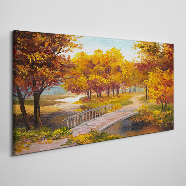 Golden bridge in autumn park Canvas wall art
