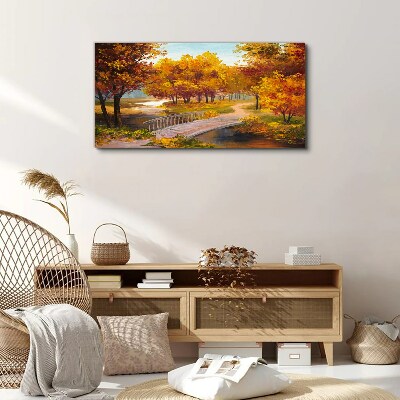 Golden bridge in autumn park Canvas wall art