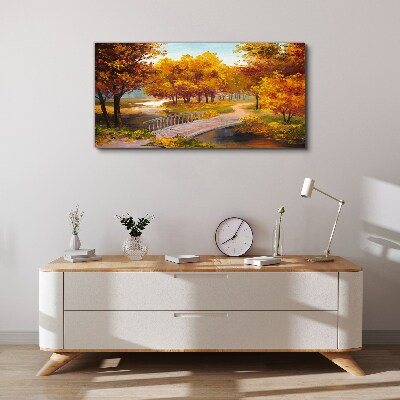 Golden bridge in autumn park Canvas wall art
