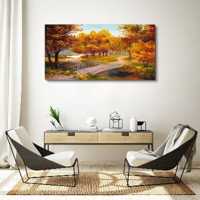Golden bridge in autumn park Canvas wall art