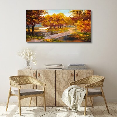 Golden bridge in autumn park Canvas wall art