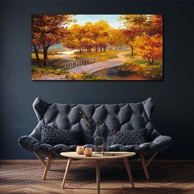 Golden bridge in autumn park Canvas wall art