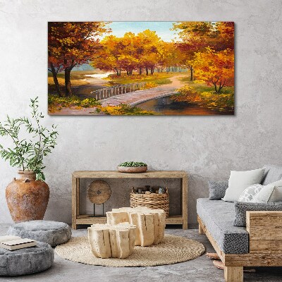 Golden bridge in autumn park Canvas wall art