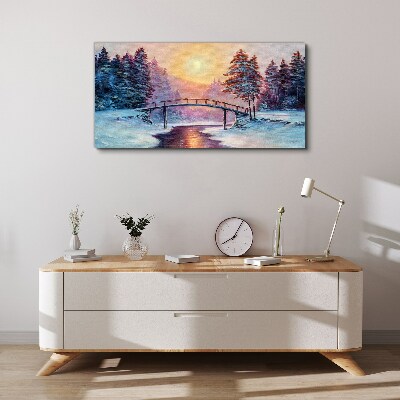 Painting winter trees bridge Canvas print