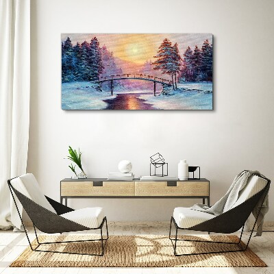 Painting winter trees bridge Canvas print